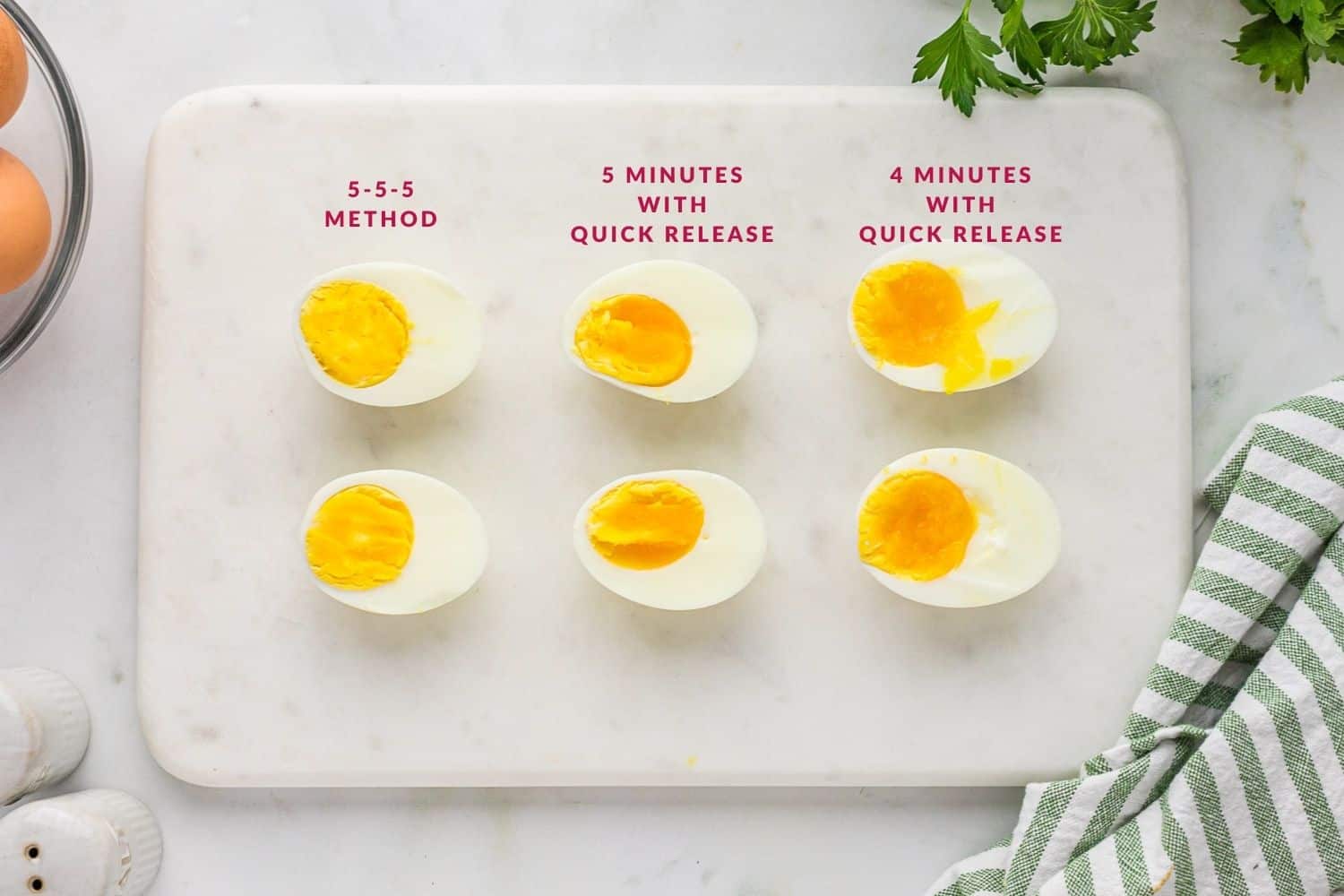 3 eggs cut in half to show yolks with different cooking times.