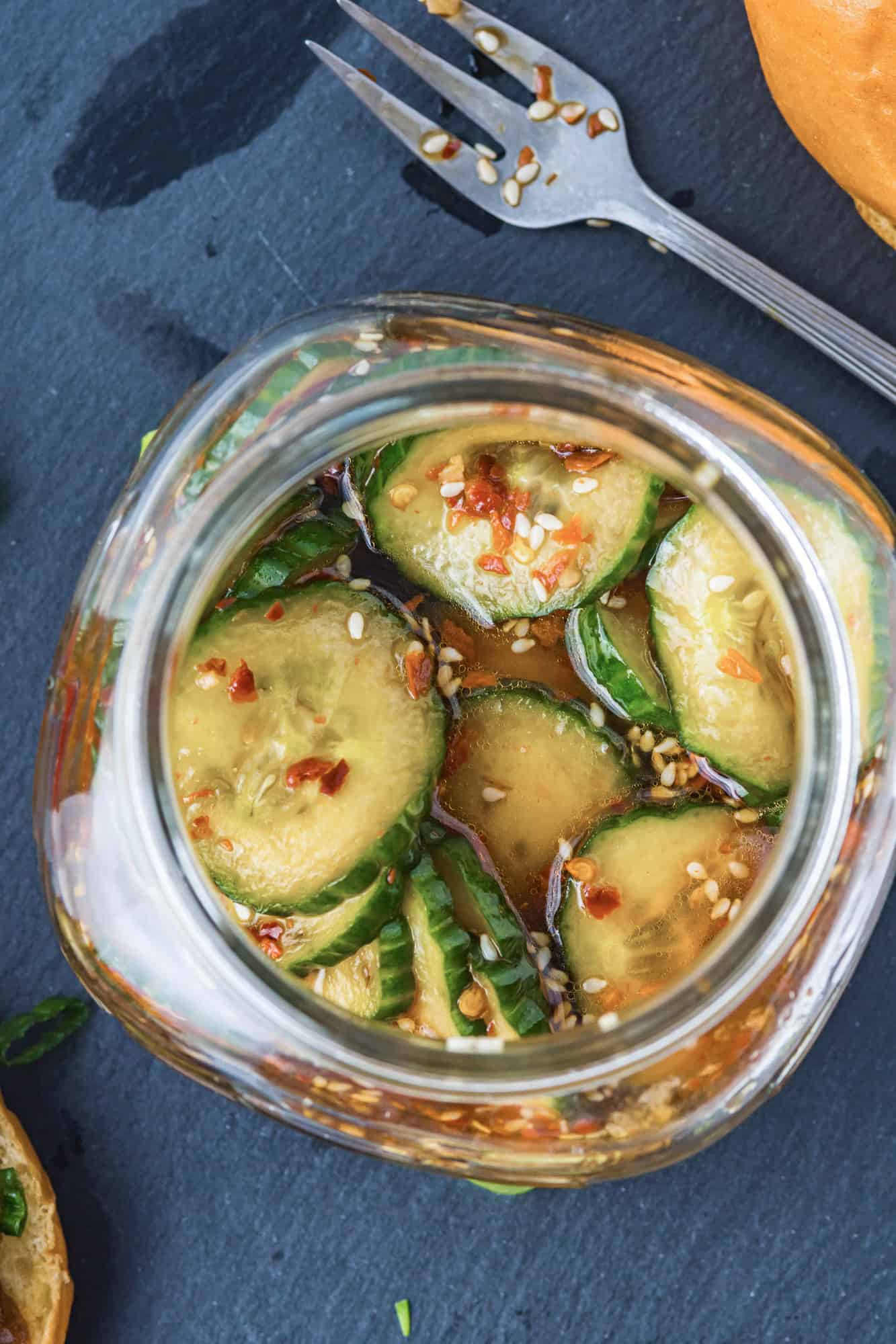 Overhead view of Korean pickles in a jar.