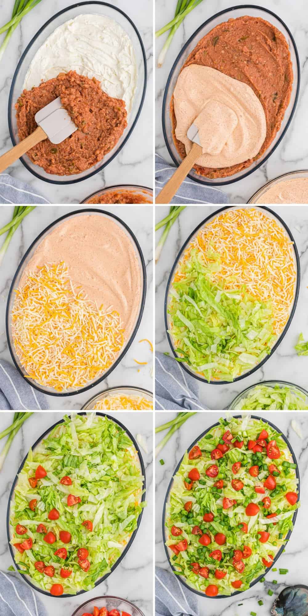 Collage of 7 layers of dip being put together.