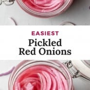 Bright pink onions in a jar, text overlay reads "easiest pickled red onions."
