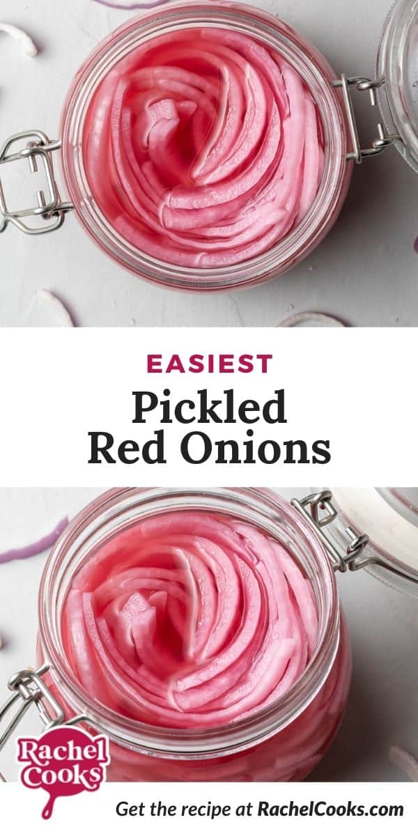 Bright pink onions in a jar, text overlay reads "easiest pickled red onions."