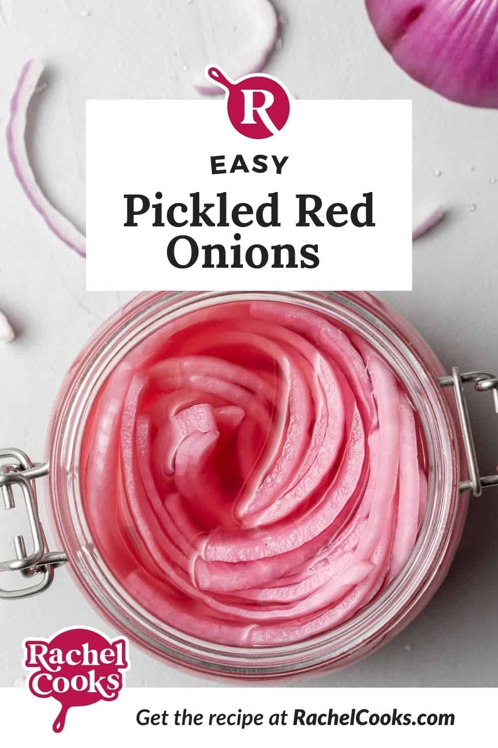 Bright pink onions in a jar, text overlay reads "easy pickled red onions."