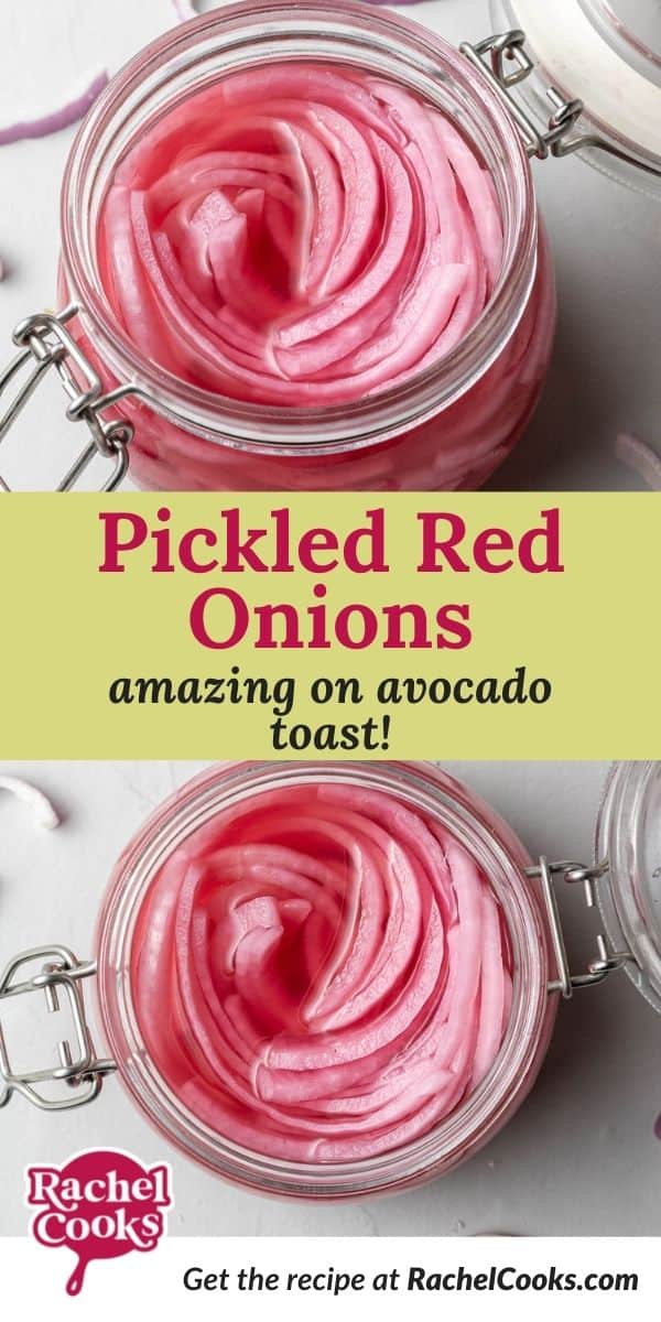 Bright pink onions in a jar, text overlay reads "pickled red onions, amazing on avocado toast!""