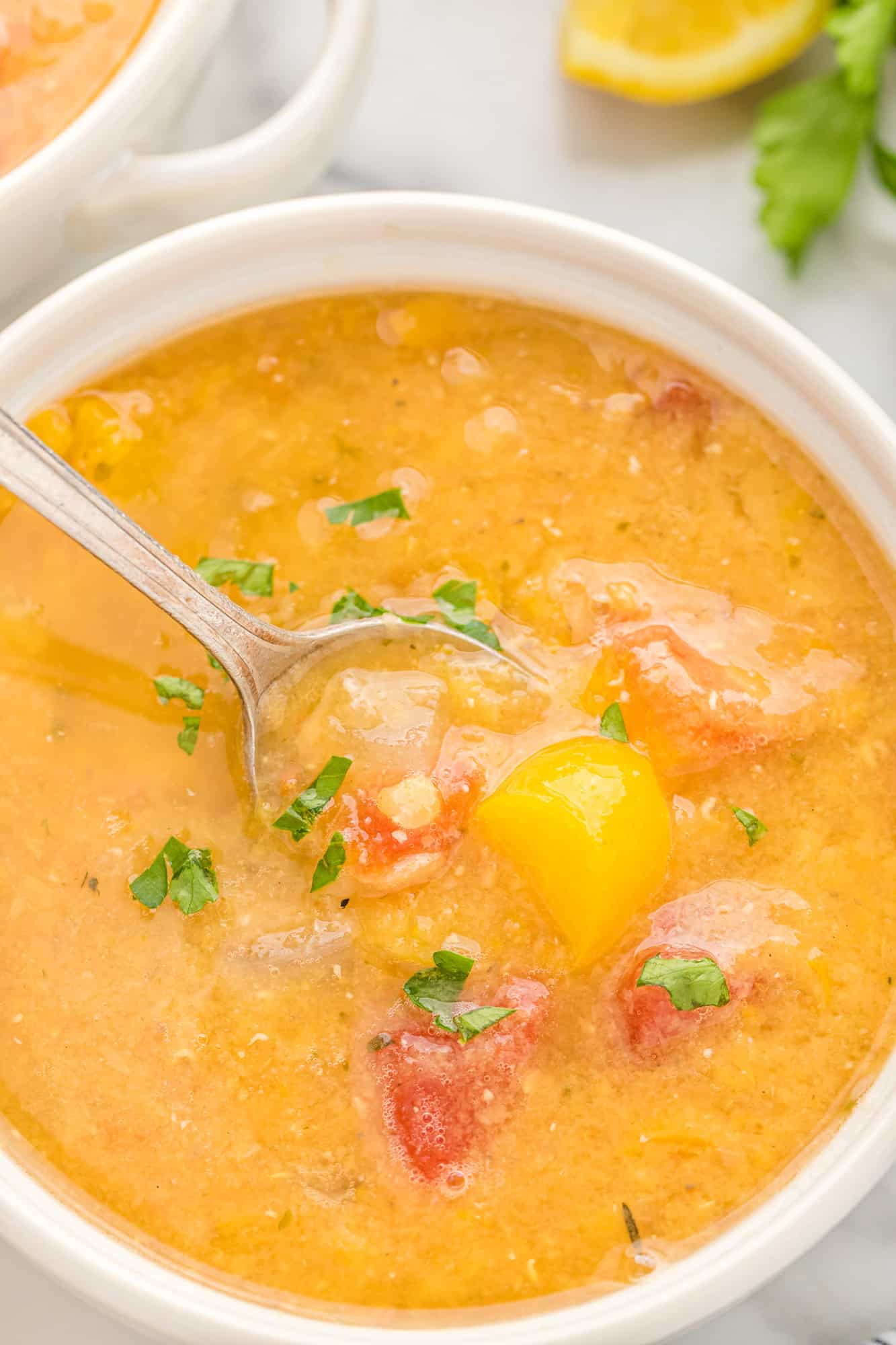 Red lentil soup in a white soup bowl.