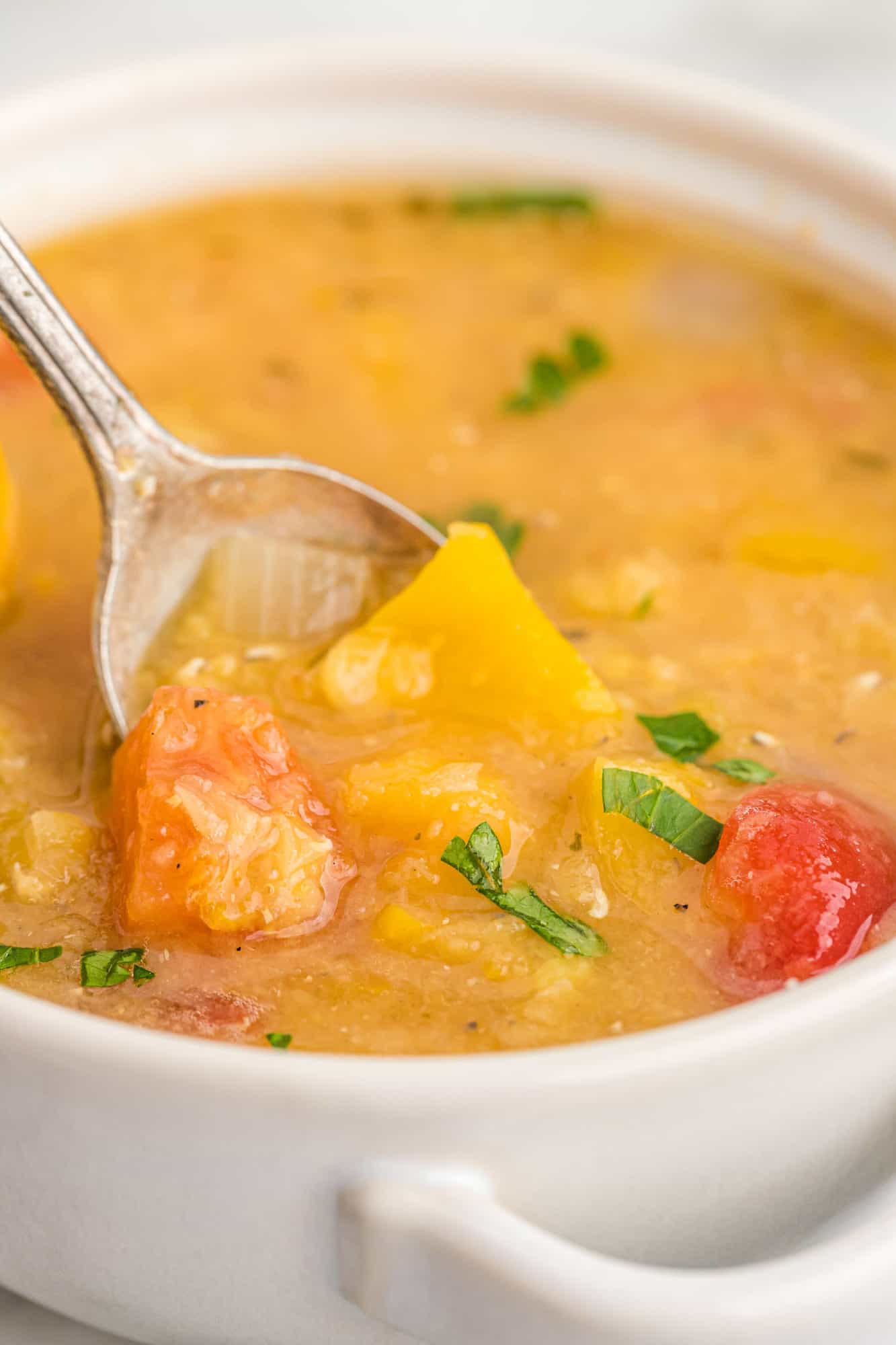 Close up of soup on a spoon.