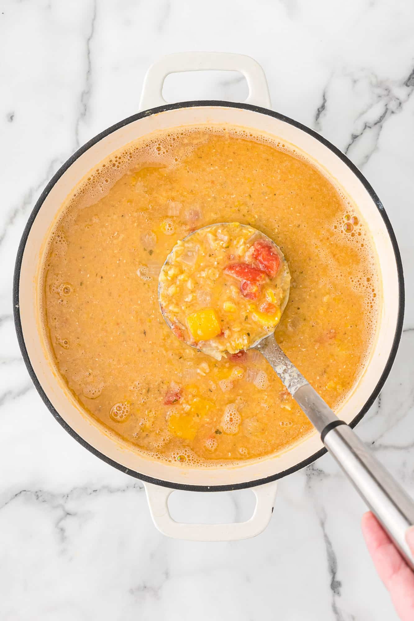 Ladle showing consistency of soup, with some chunks.