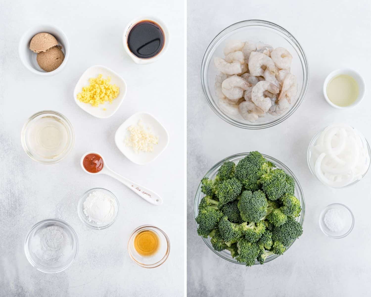 Ingredients needed for recipe, sauce on left, stir-fry on right.