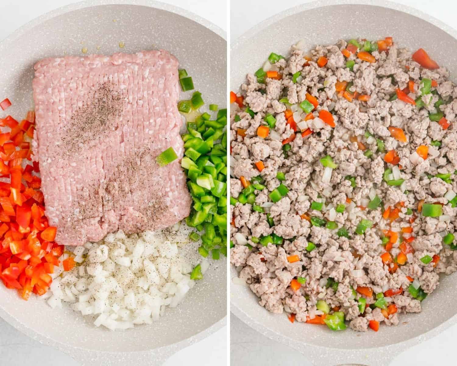 Sloppy joe ingredients before and after being cooked.