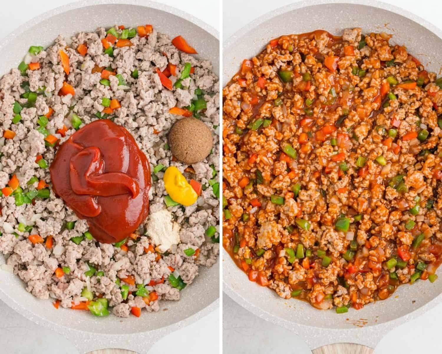 Sloppy joe before and after adding sauce.