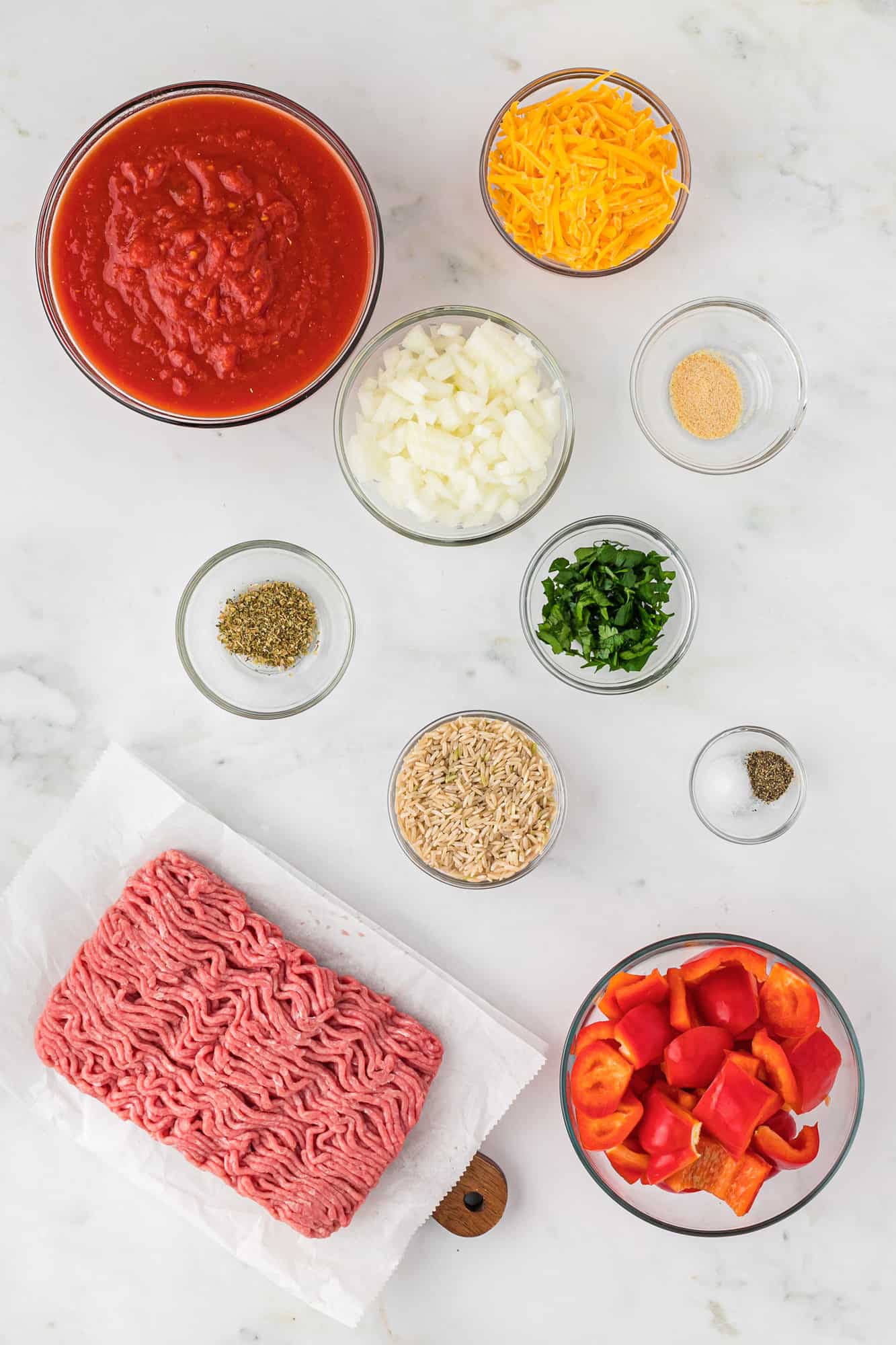 Overhead view of ingredients needed for recipe.