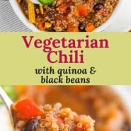 Chili, text overlay reads "vegetarian chili with quinoa and black beans."