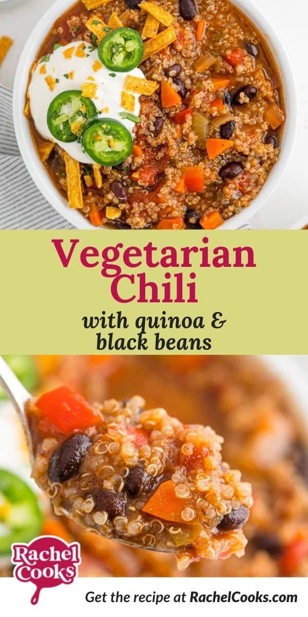 Chili, text overlay reads "vegetarian chili with quinoa and black beans."