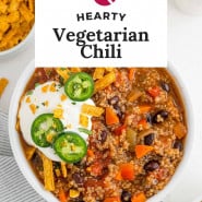 Chili, text overlay reads "hearty vegetarian chili."