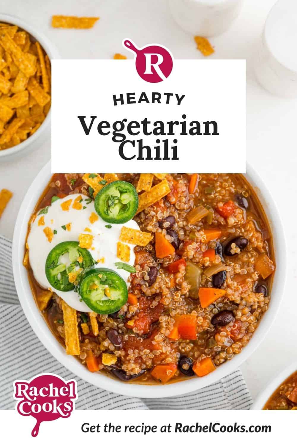 Chili, text overlay reads "hearty vegetarian chili."
