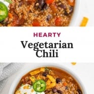 Chili, text overlay reads "hearty vegetarian chili."
