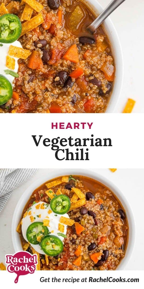 Chili, text overlay reads "hearty vegetarian chili."