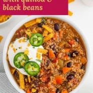 Chili, text overlay reads "vegetarian chili with quinoa and black beans."