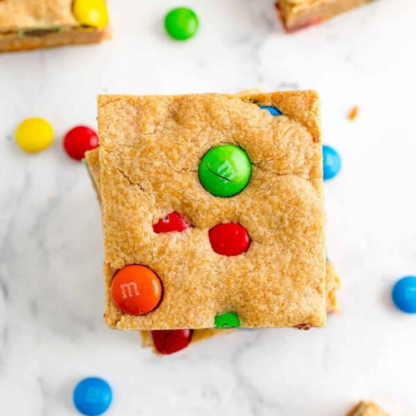 Overhead view a peanut butter bar with M&Ms.