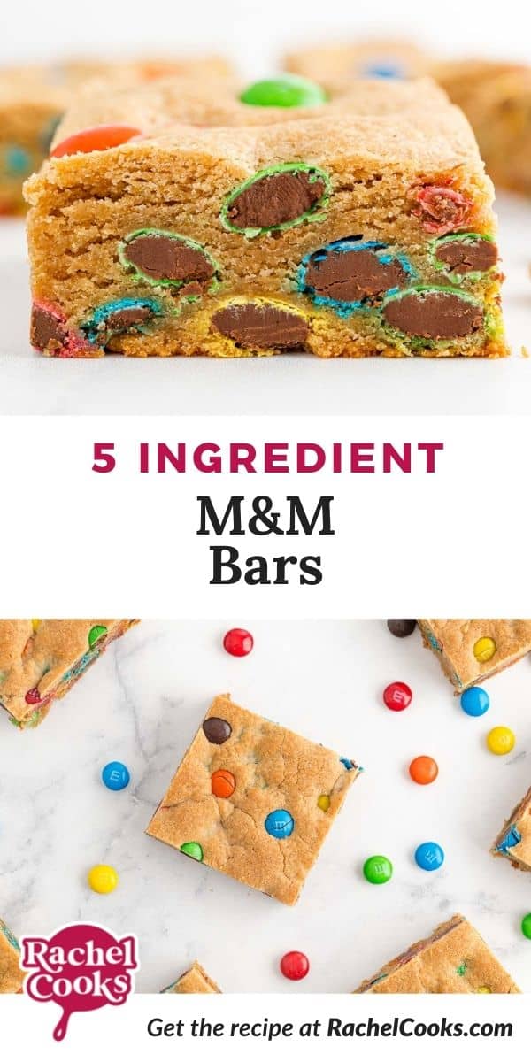 Cookie bars, text overlay reads "5 ingredient M&M bars."