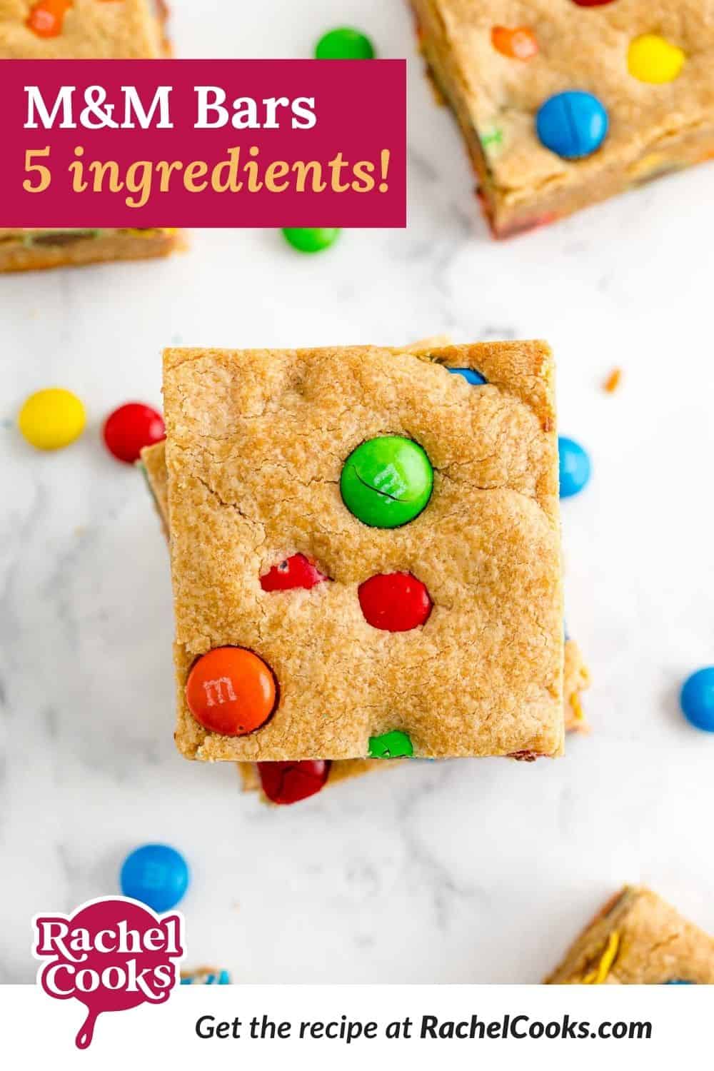 Cookie bars, text overlay reads "5 ingredient M&M bars."