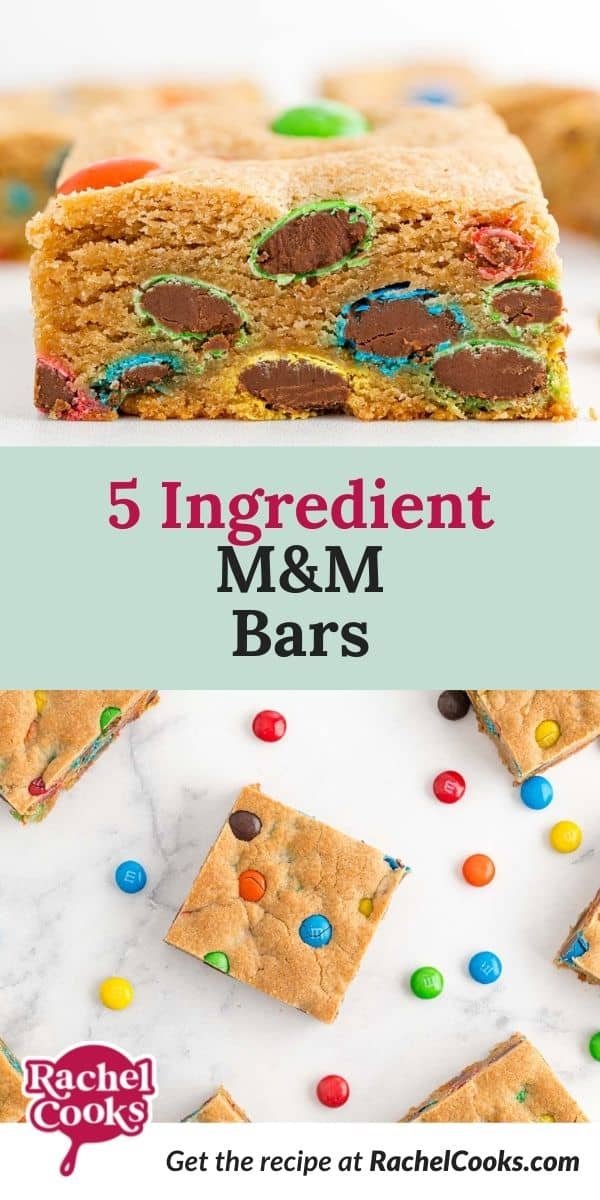 Cookie bars, text overlay reads "5 ingredient M&M bars."