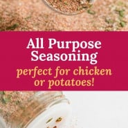 Spice mix, text overlay reads "all purpose seasoning, perfect for chicken or potatoes!"