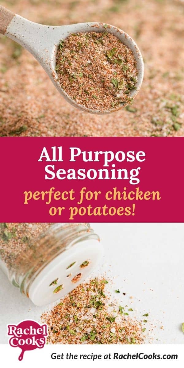 Spice mix, text overlay reads "all purpose seasoning, perfect for chicken or potatoes!"