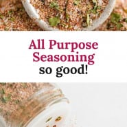 Spice mix, text overlay reads "all purpose seasoning, so good!"