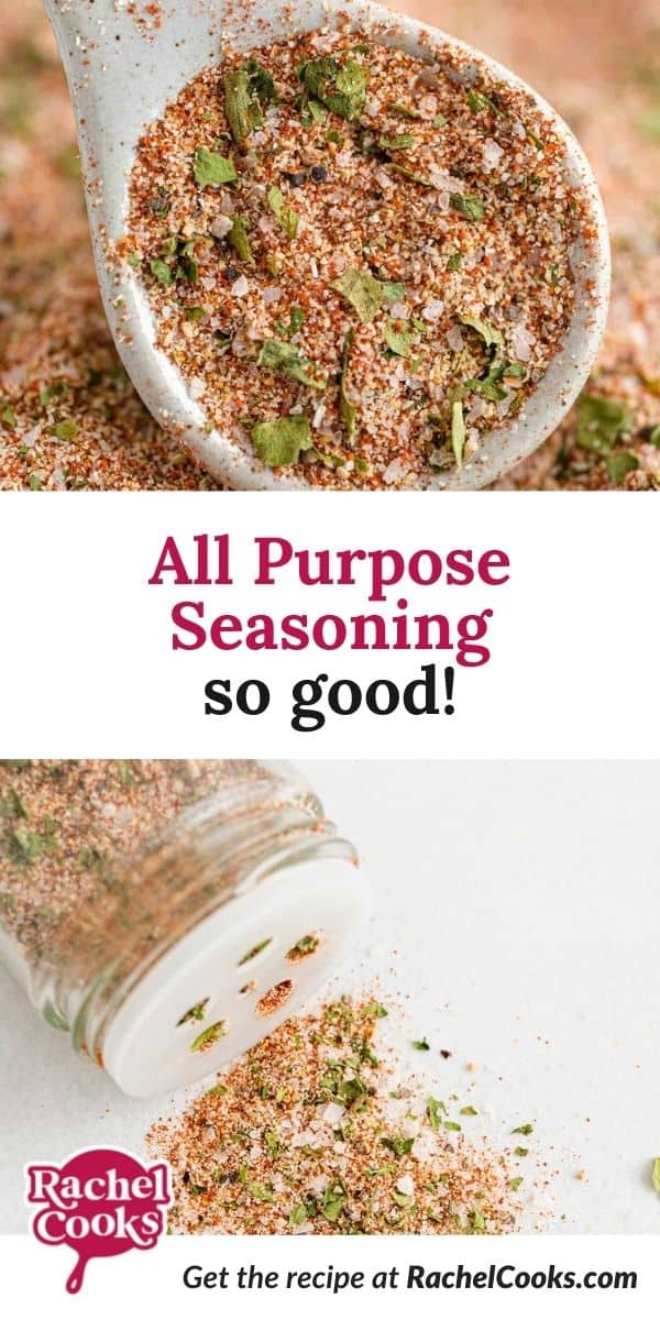 Spice mix, text overlay reads "all purpose seasoning, so good!"
