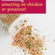 Spice mix, text overlay reads "all purpose seasoning, amazing on chicken or potatoes!"