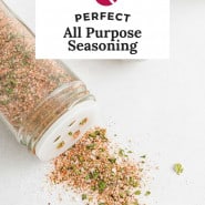 Spice mix, text overlay reads "perfect all purpose seasoning."
