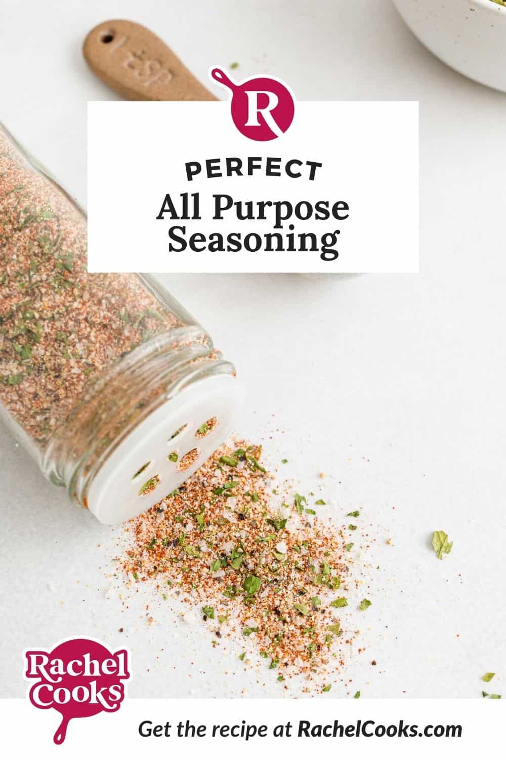 Spice mix, text overlay reads "perfect all purpose seasoning."