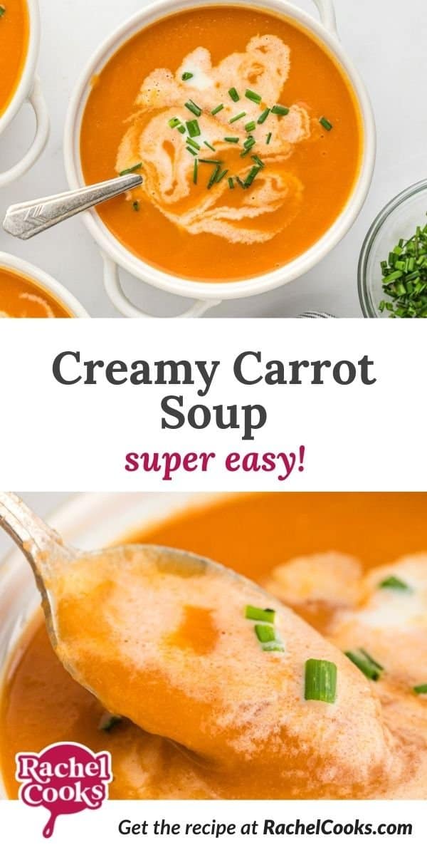 Orange soup, text overlay reads "creamy carrot soup - super easy!"
