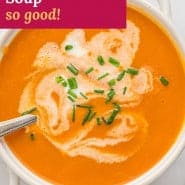 Orange soup, text overlay reads "creamy carrot soup - so good!"
