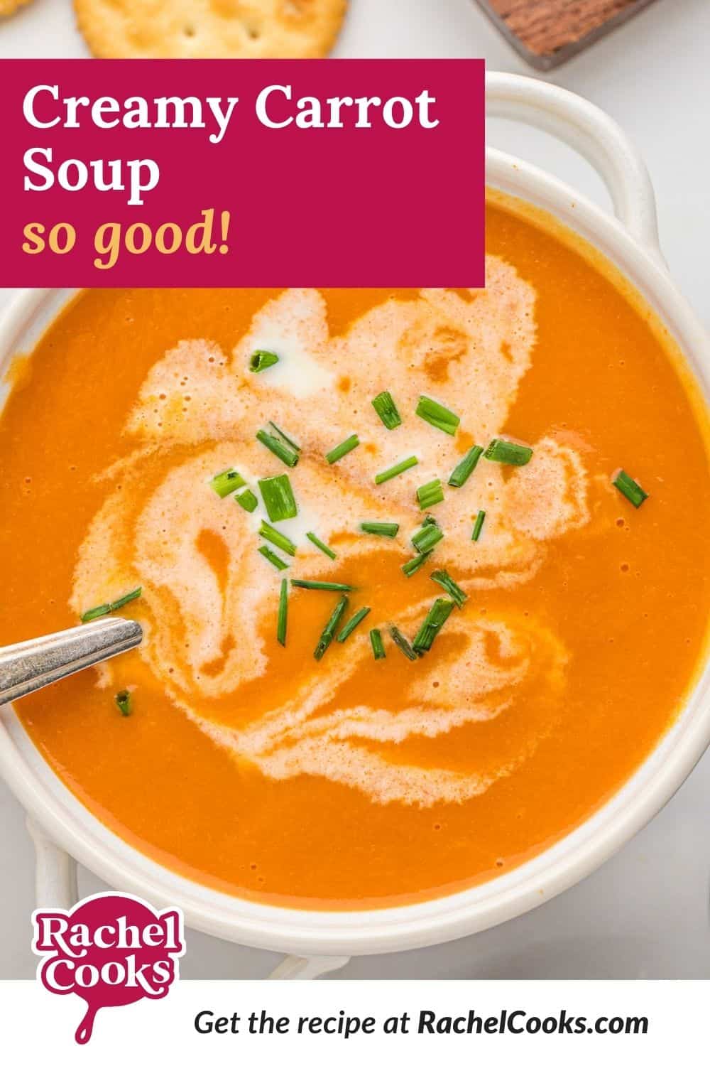 Orange soup, text overlay reads "creamy carrot soup - so good!"