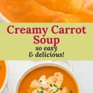 Orange soup, text overlay reads "creamy carrot soup - so easy and delicious!"