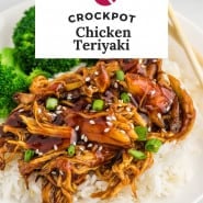 Chicken with glaze, text overlay reads "crockpot chicken teriyaki."