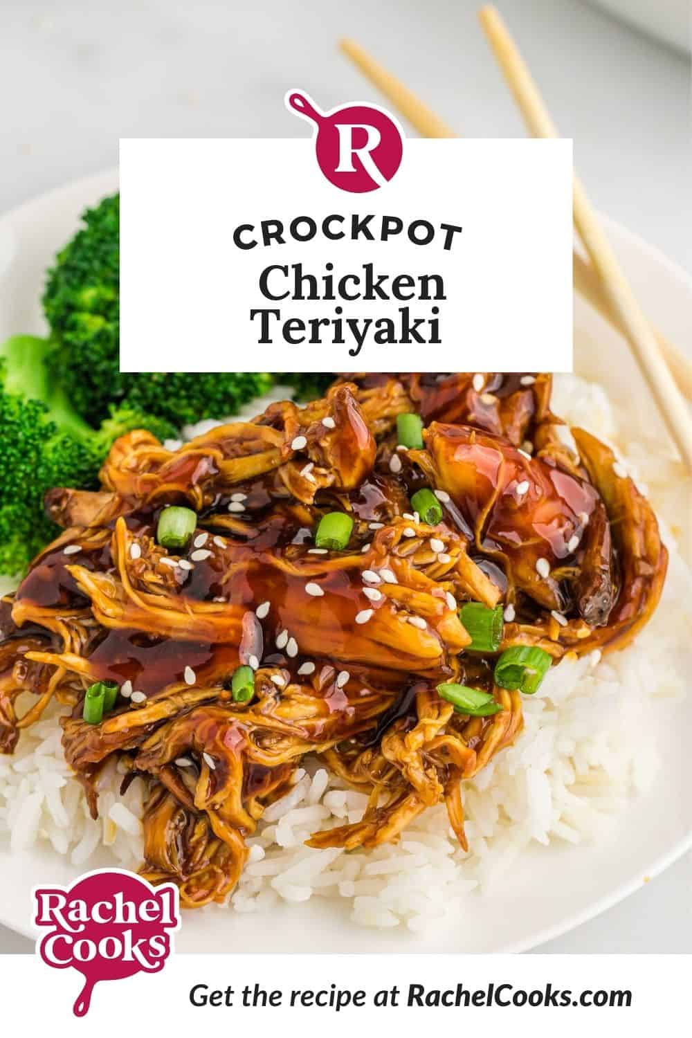 Chicken with glaze, text overlay reads "crockpot chicken teriyaki."