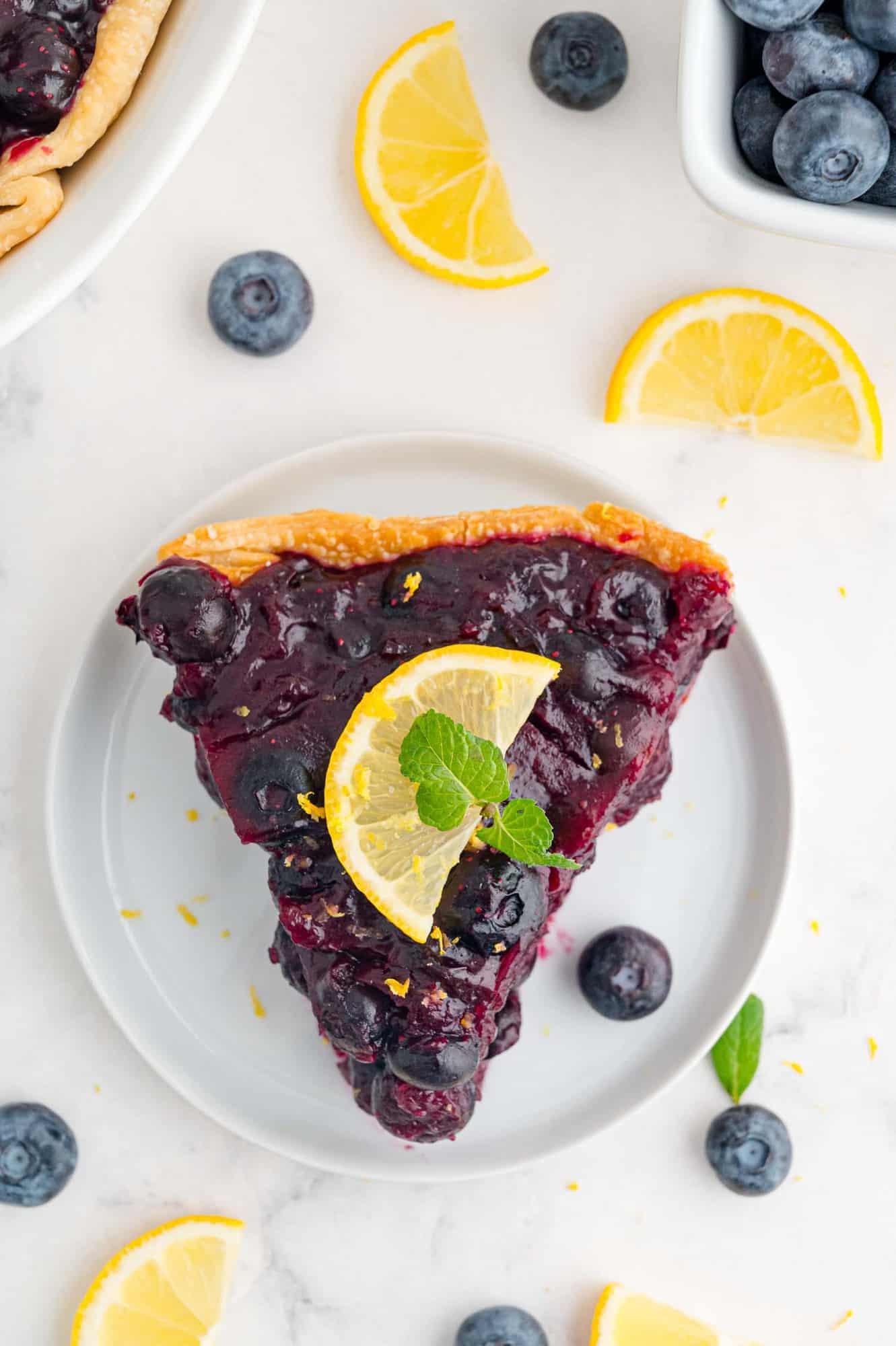 Slice of pie on a plate, garnished with lemon.