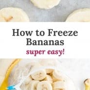 Banana slices, text overlay reads "how to freeze bananas - super easy!"