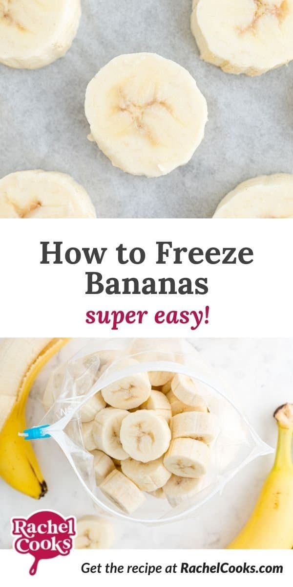 Banana slices, text overlay reads "how to freeze bananas - super easy!"