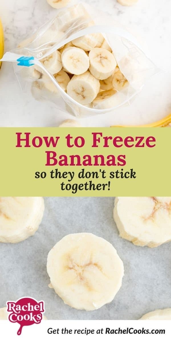Banana slices, text overlay reads "how to freeze bananas - so they don't stick together!"
