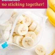 Banana slices, text overlay reads "how to freeze bananas - no sticking together!"