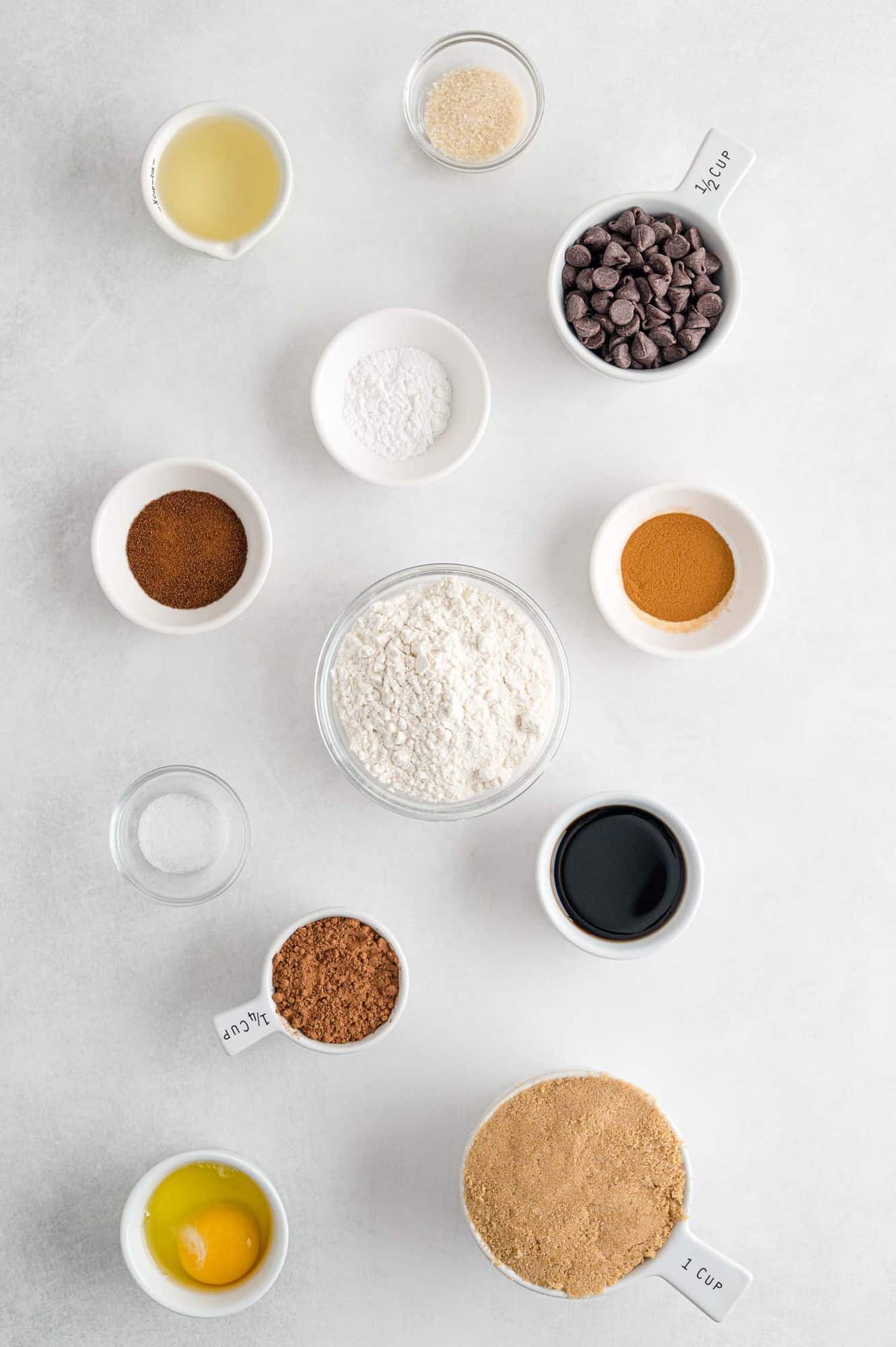 Overhead view of ingredients in separate bowls.