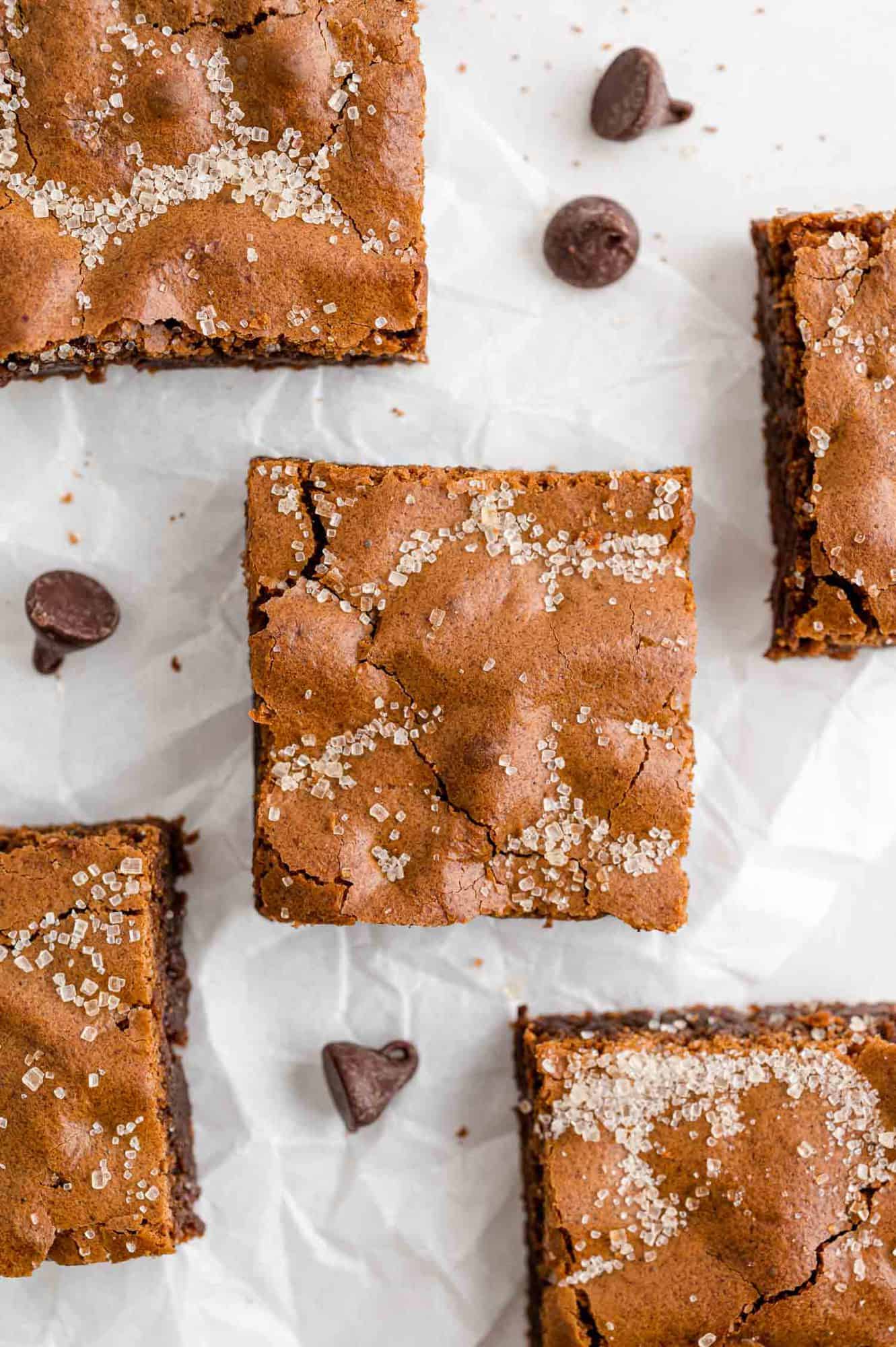 Overhead view of brownies and chocolate chips.