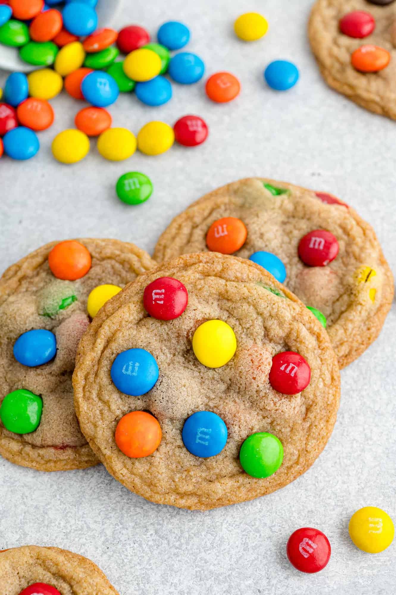 M&M Cookies with additional M&Ms in background.