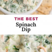 Dip with spinach, text overlay reads "the best spinach dip."