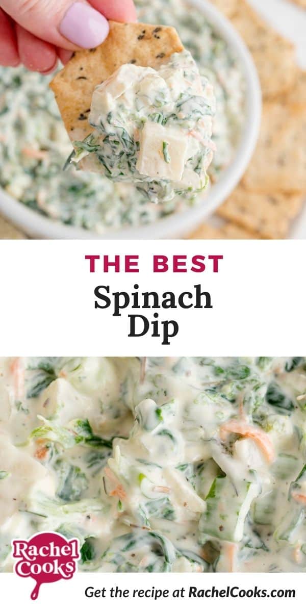 Dip with spinach, text overlay reads "the best spinach dip."