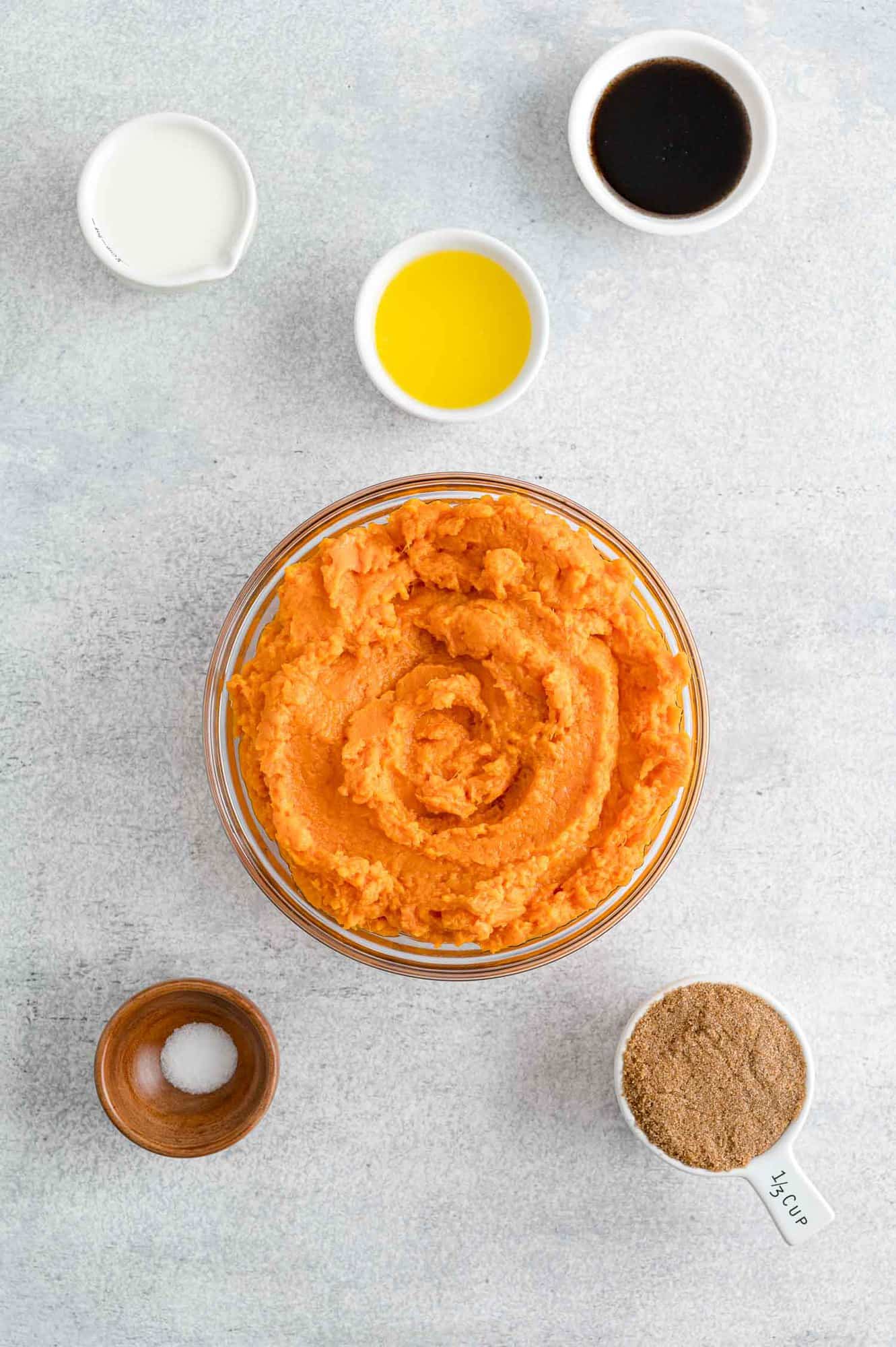 Ingredients needed for recipe including cooked sweet potatoes.