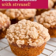 Muffin with text overlay that reads "whole wheat banana muffins with streusel."
